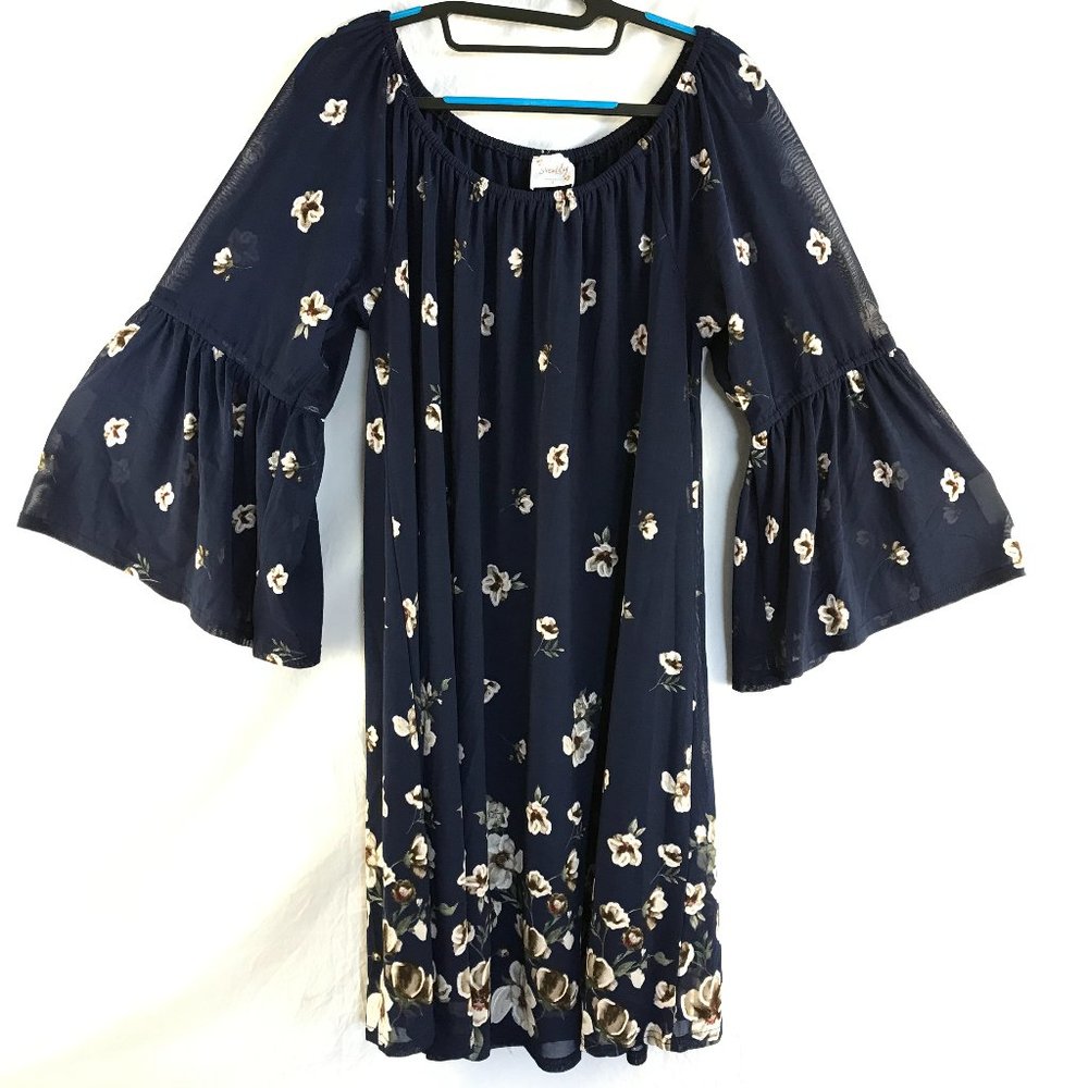 Siren Lily Dress Women Size Large Blue White Floral Flutter Sleeve Midi Casual